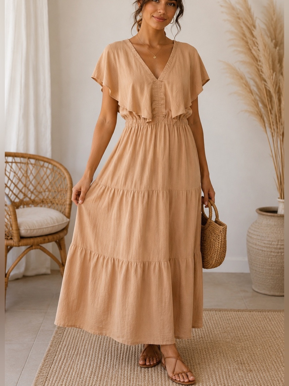 Simplee Apparel Peach Tiered Maxi with V-Tie Back Boho Cottagecore